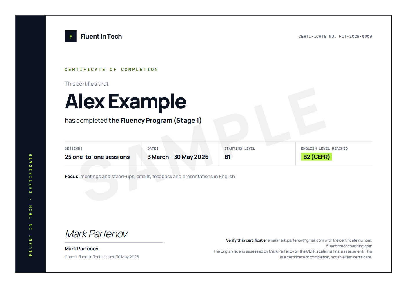 Przykładowy certyfikat ukończenia dla Alex Example: Business English and Communication Program, 25 sesji indywidualnych, poziom początkowy B1, osiągnięty poziom angielskiego B2